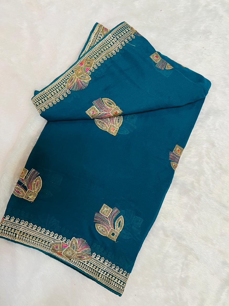 Blue Peacock Feather Embroidered Saree