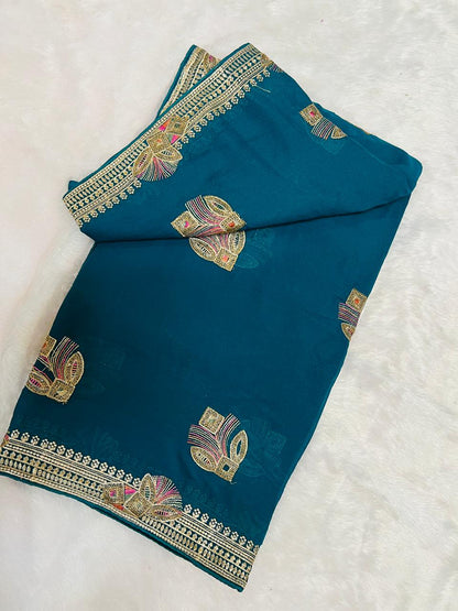 Blue Peacock Feather Embroidered Saree
