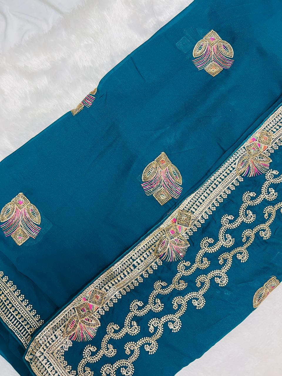 Blue Peacock Feather Embroidered Saree