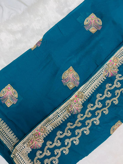 Blue Peacock Feather Embroidered Saree