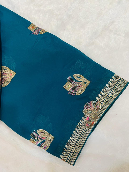 Blue Peacock Feather Embroidered Saree