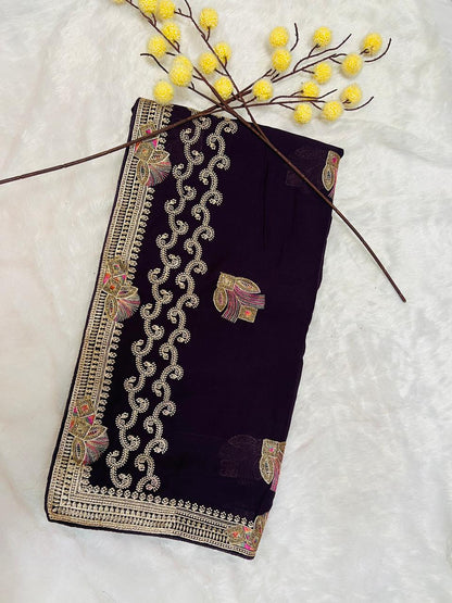 Purple Peacock Feather Embroidered Saree