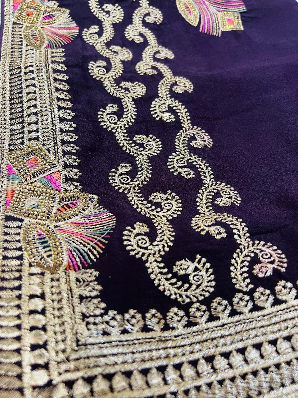 Purple Peacock Feather Embroidered Saree