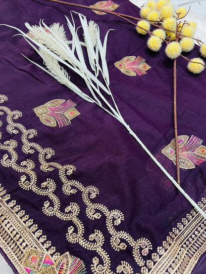Purple Peacock Feather Embroidered Saree
