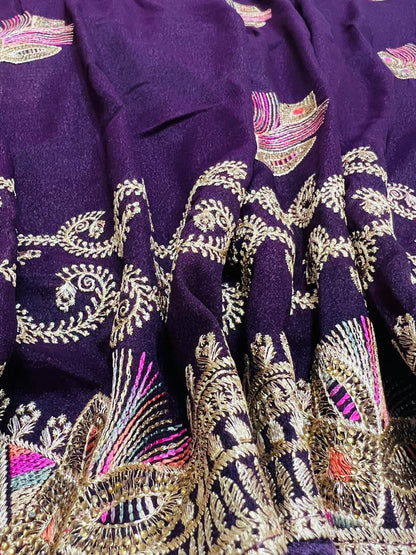 Purple Peacock Feather Embroidered Saree