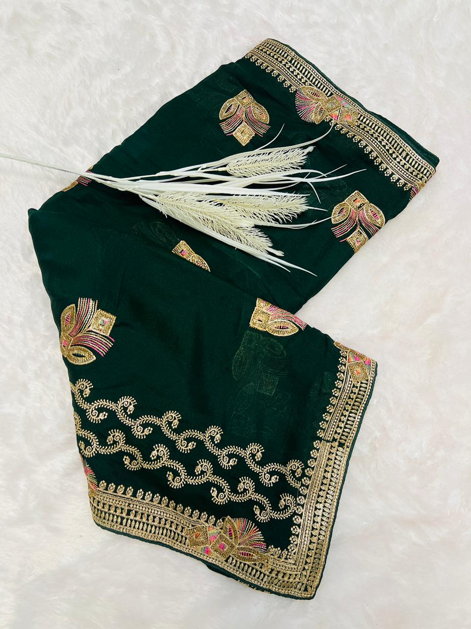 Green Peacock Feather Embroidered Saree