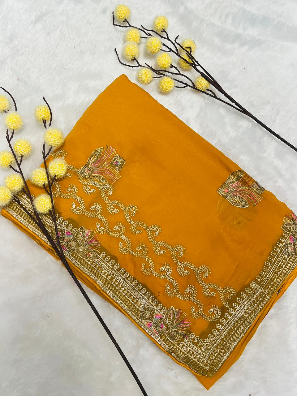 Yellow Peacock Feather Embroidered Saree