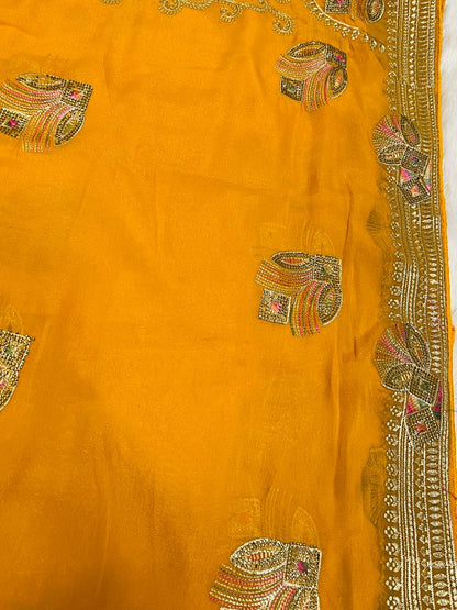 Yellow Peacock Feather Embroidered Saree