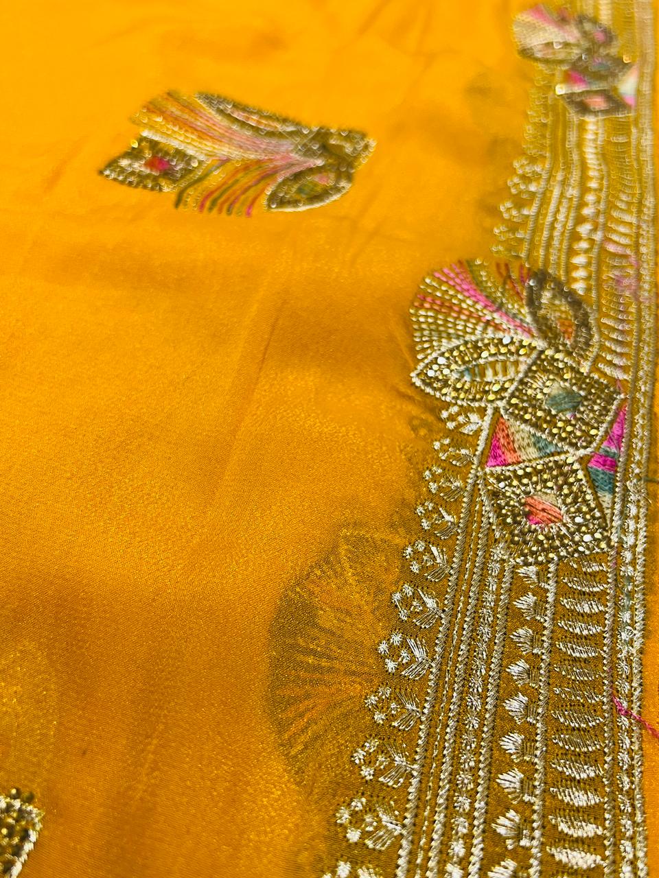 Yellow Peacock Feather Embroidered Saree