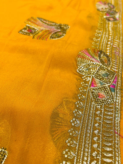 Yellow Peacock Feather Embroidered Saree