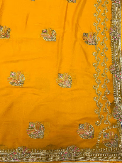 Yellow Peacock Feather Embroidered Saree