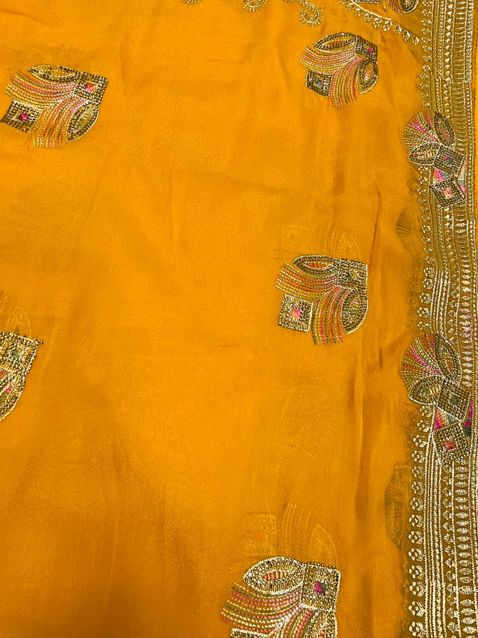 Yellow Peacock Feather Embroidered Saree