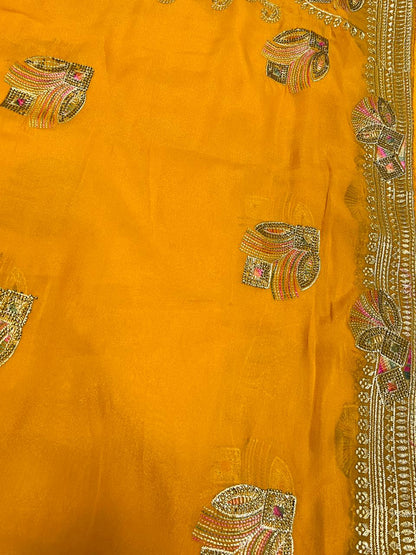Yellow Peacock Feather Embroidered Saree