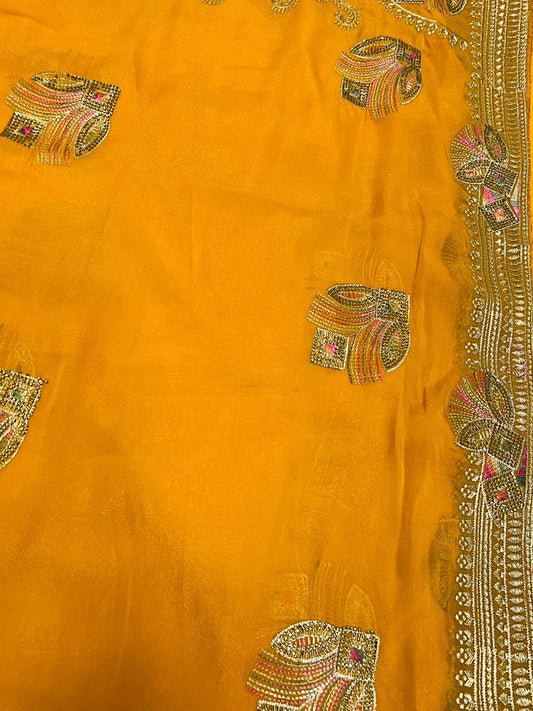 Yellow Peacock Feather Embroidered Saree