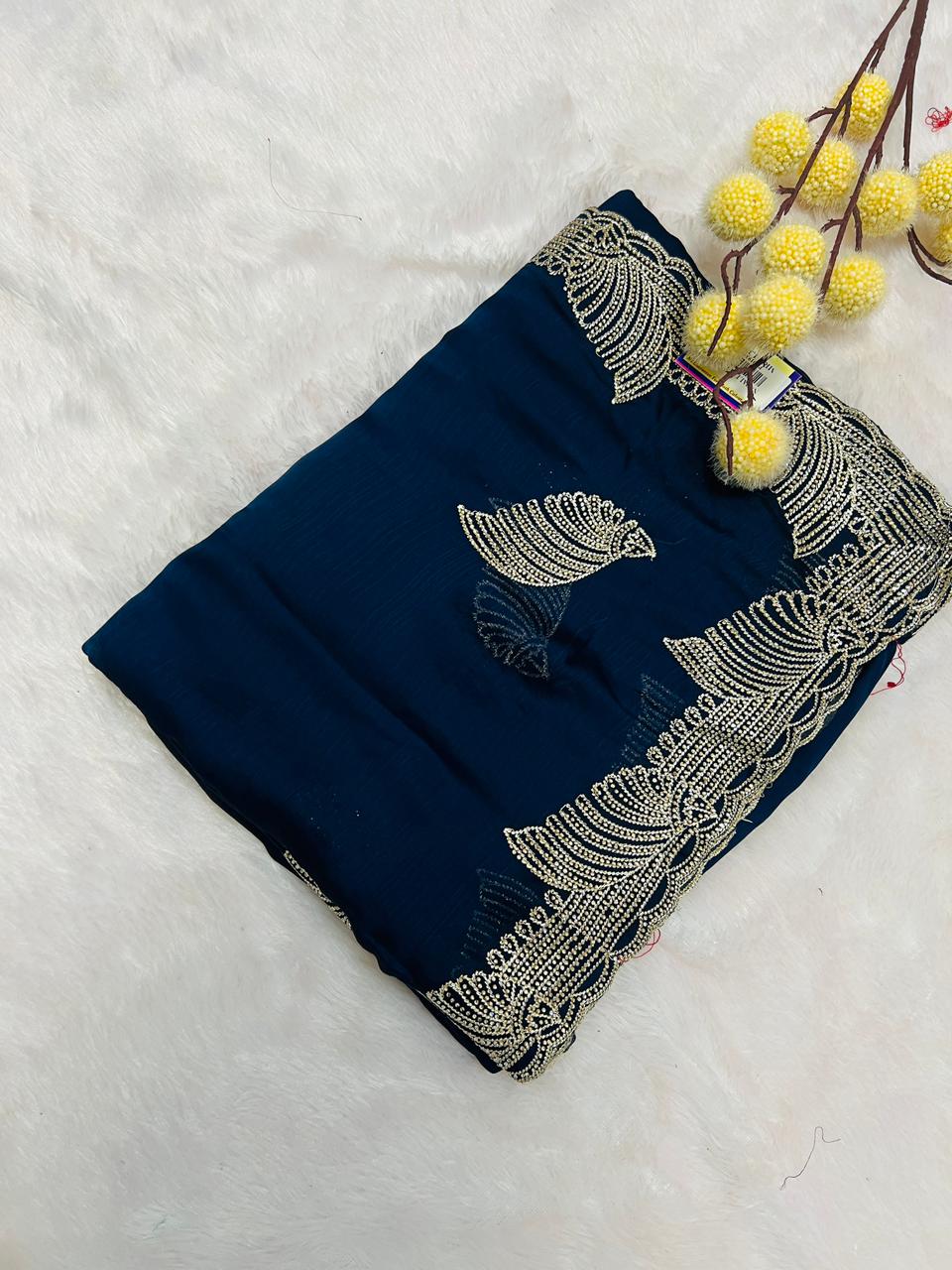 Blue Heavy Embroidered Peacock Motif Saree