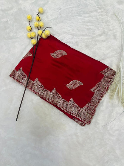 Red Heavy Embroidered Peacock Motif Saree