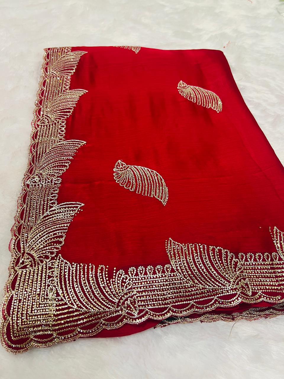 Red Heavy Embroidered Peacock Motif Saree