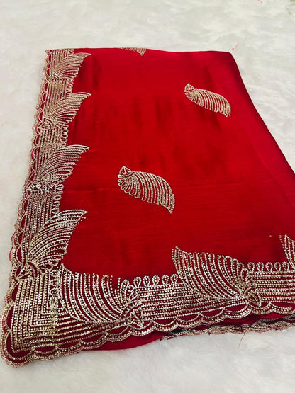 Red Heavy Embroidered Peacock Motif Saree