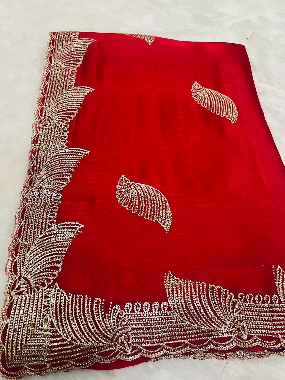 Red Heavy Embroidered Peacock Motif Saree