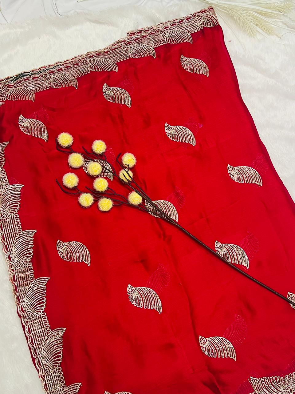 Red Heavy Embroidered Peacock Motif Saree