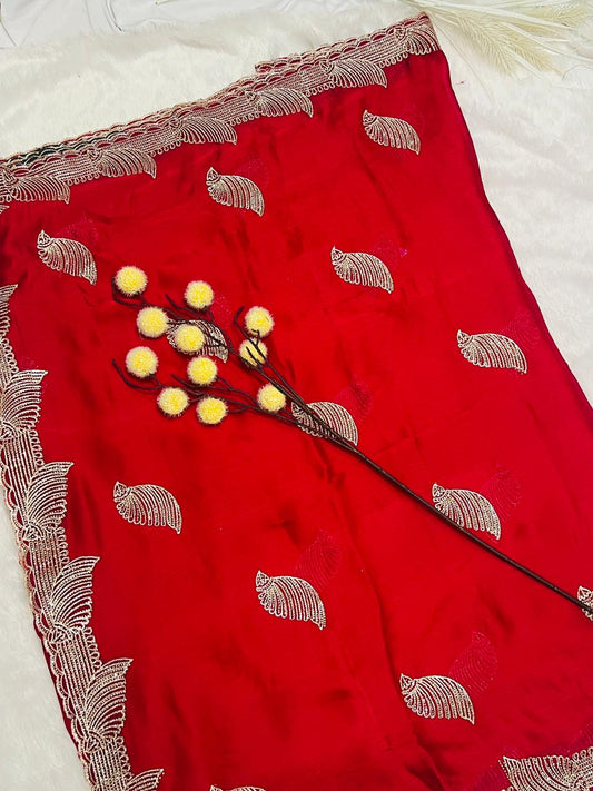 Red Heavy Embroidered Peacock Motif Saree