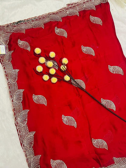 Red Heavy Embroidered Peacock Motif Saree