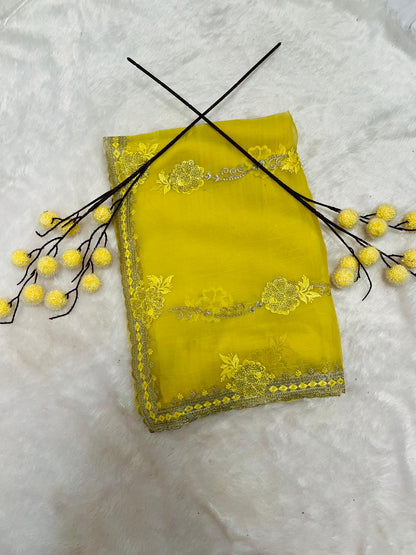 Yellow Heavy Floral Embroidered Party Saree