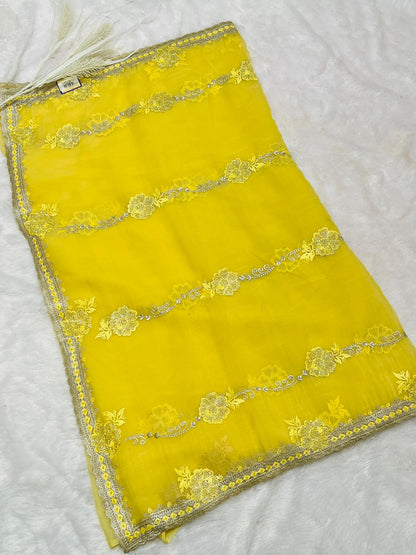 Yellow Heavy Floral Embroidered Party Saree