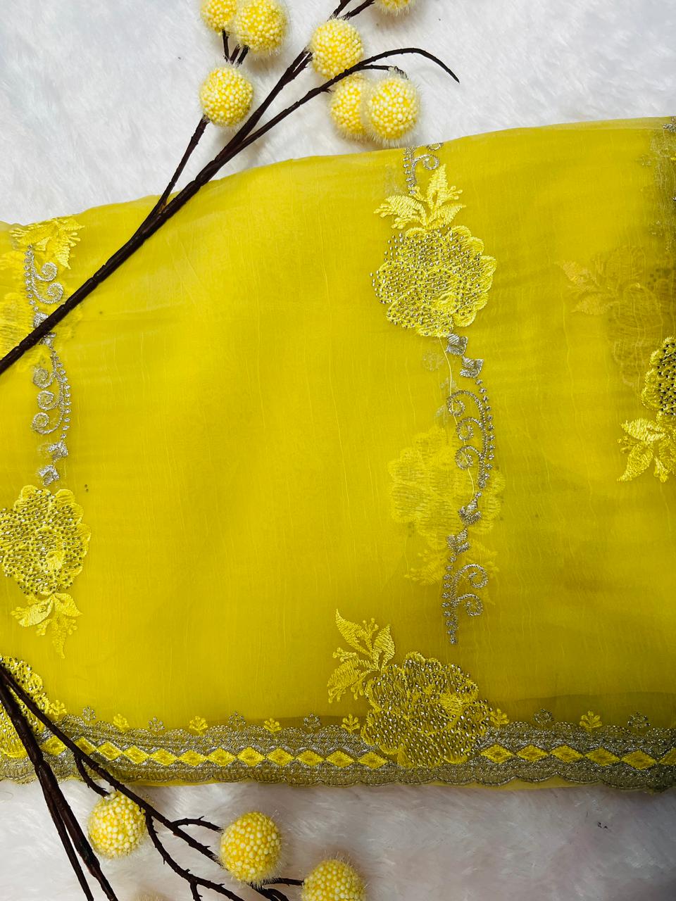 Yellow Heavy Floral Embroidered Party Saree