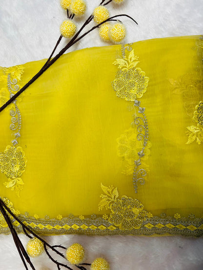 Yellow Heavy Floral Embroidered Party Saree