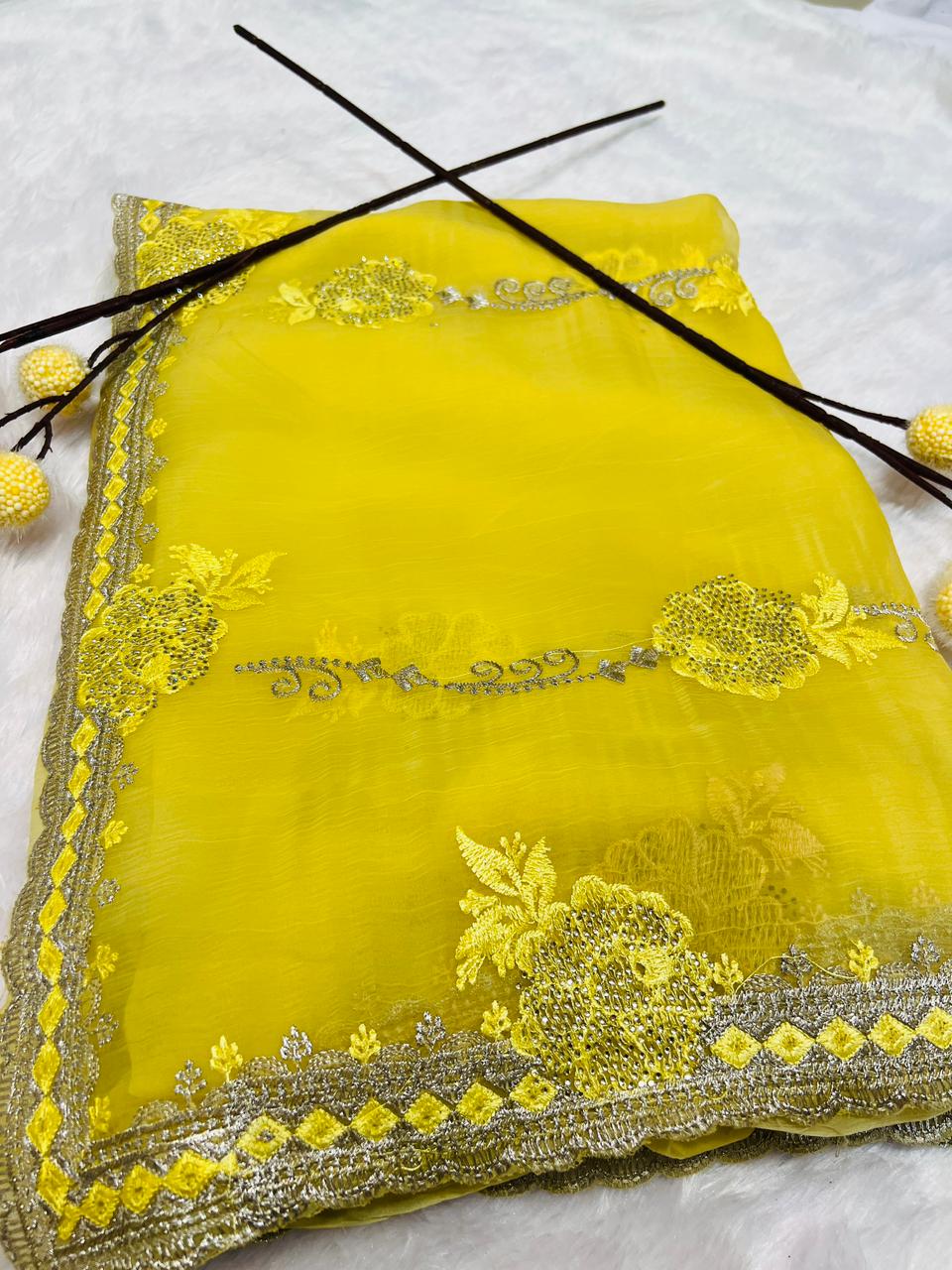 Yellow Heavy Floral Embroidered Party Saree