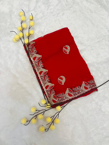 Red Leaf Motif Embroidered Saree