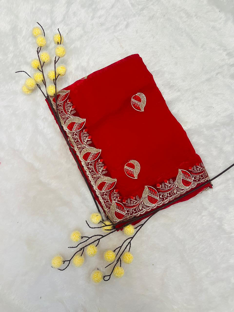 Red Leaf Motif Embroidered Saree