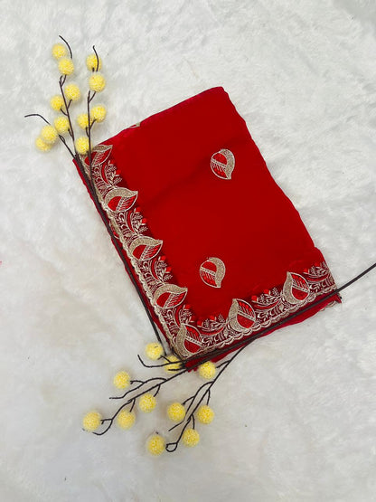 Red Leaf Motif Embroidered Saree