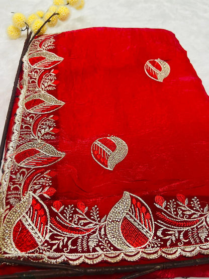 Red Leaf Motif Embroidered Saree