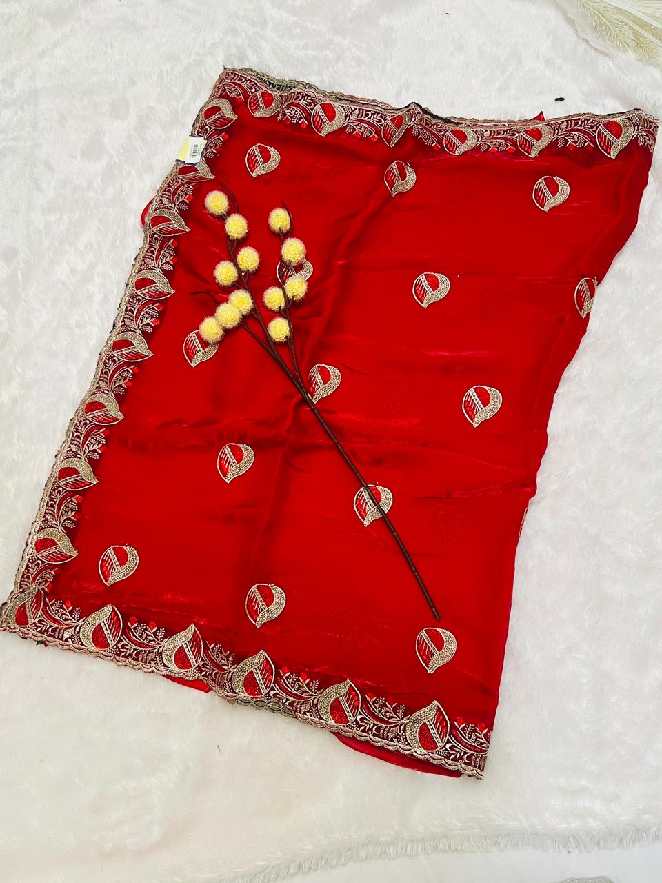 Red Leaf Motif Embroidered Saree