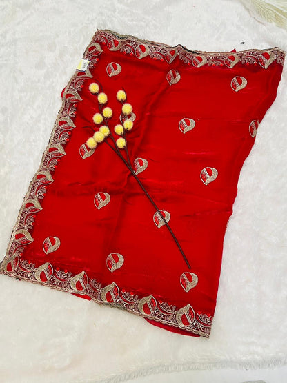 Red Leaf Motif Embroidered Saree