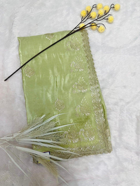 Green Peacock Embroidered Soft Silk Saree