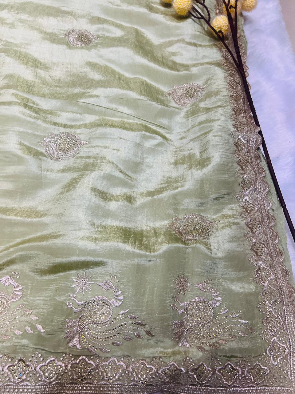 Green Peacock Embroidered Soft Silk Saree