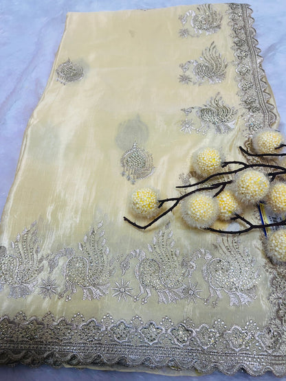 Yellow Peacock Embroidered Soft Silk Saree