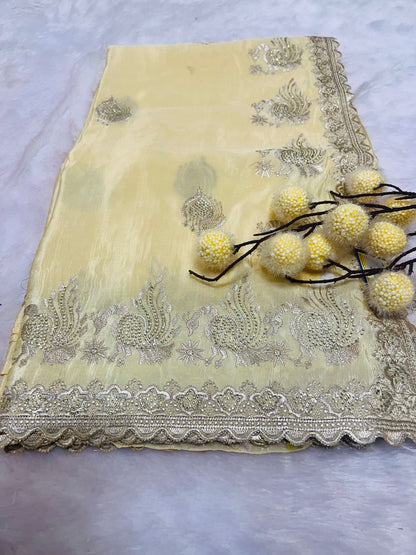 Yellow Peacock Embroidered Soft Silk Saree