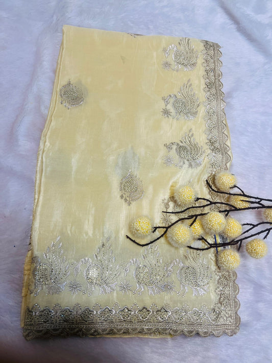 Yellow Peacock Embroidered Soft Silk Saree
