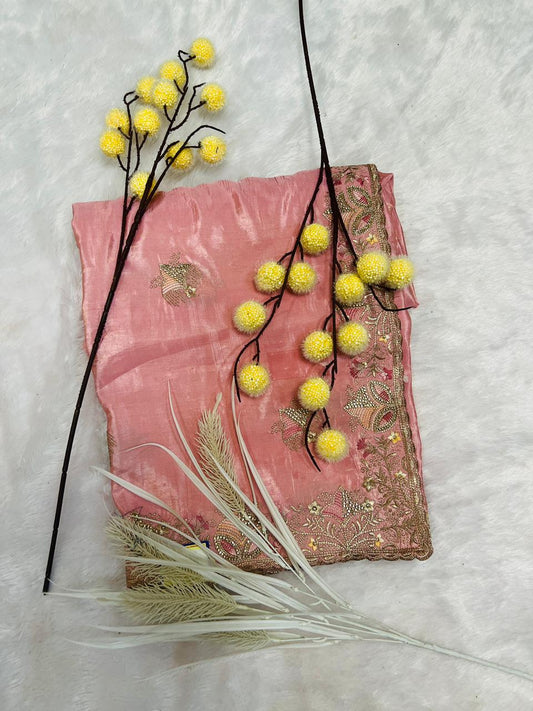 Pink Heavy Embroidered Soft Silk Saree