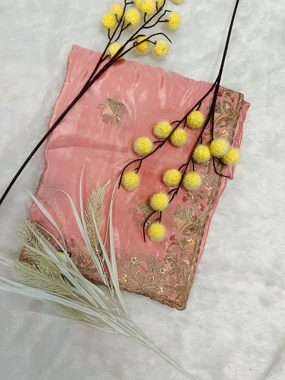 Pink Heavy Embroidered Soft Silk Saree