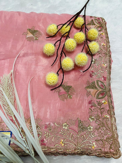 Pink Heavy Embroidered Soft Silk Saree