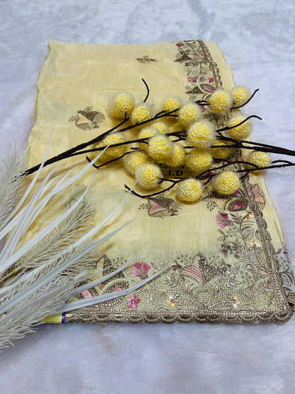 Yellow Heavy Embroidered Soft Silk Saree
