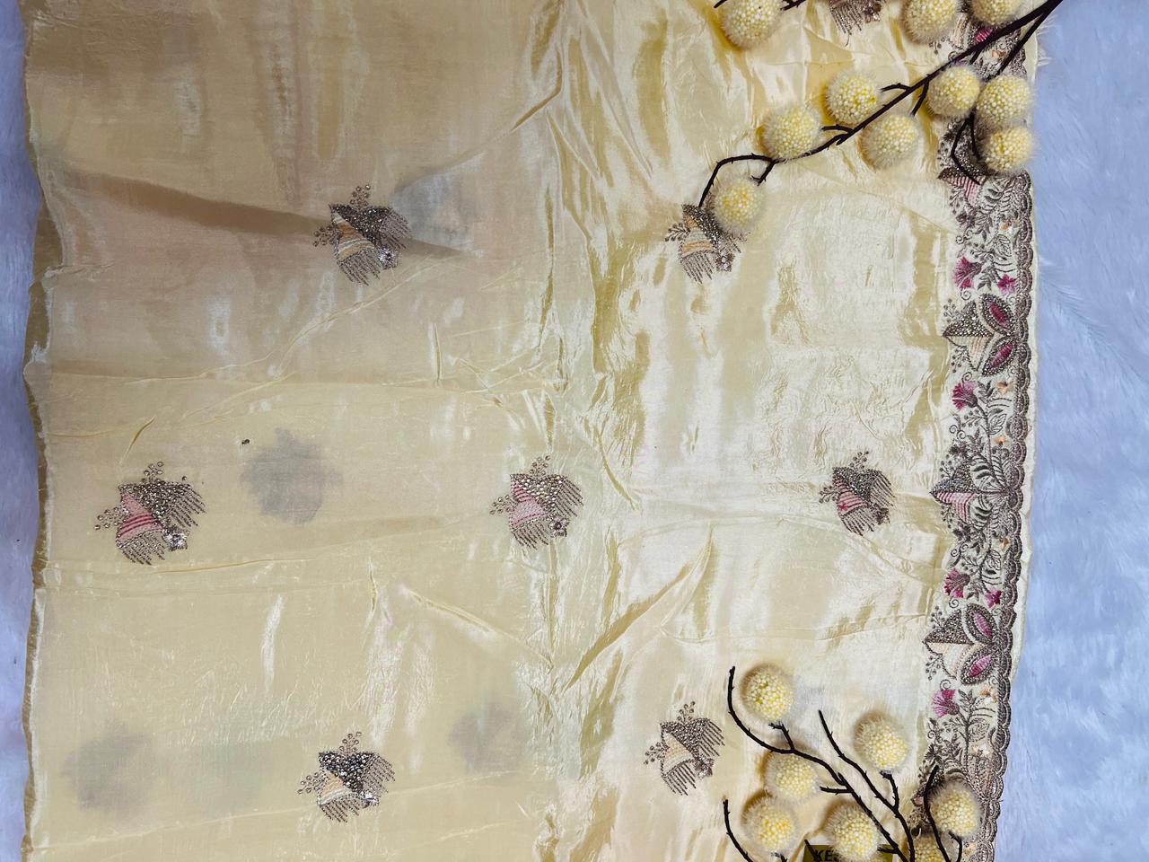 Yellow Heavy Embroidered Soft Silk Saree