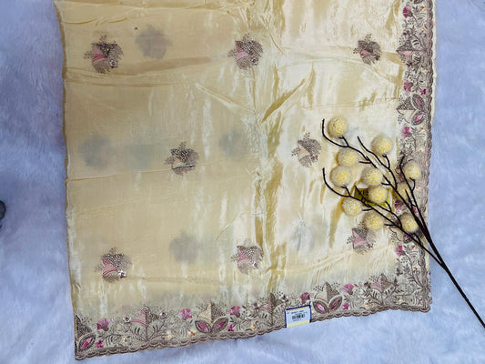 Yellow Heavy Embroidered Soft Silk Saree