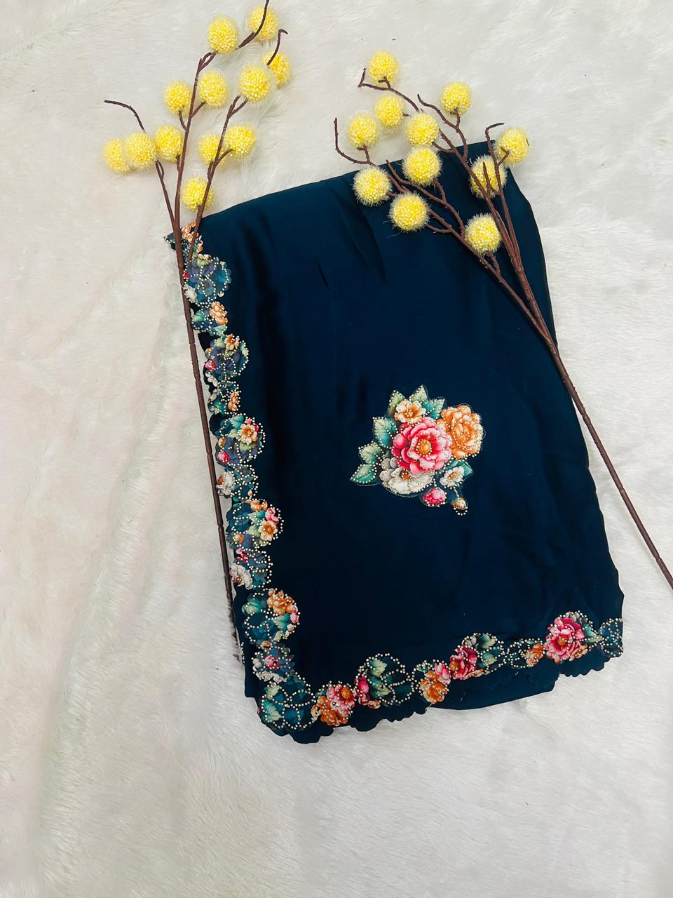 Blue Embroidered Floral Motif Saree
