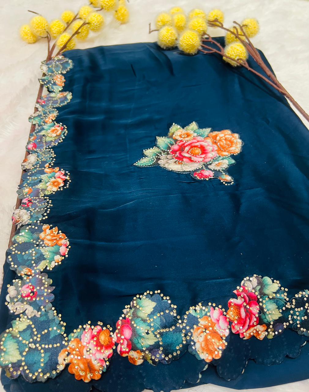Blue Embroidered Floral Motif Saree